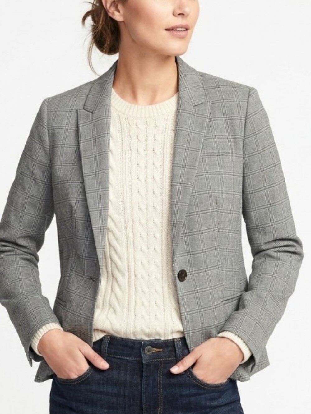 Banana Republic Classic Structured Academia Gray Plaid Single-Button Blazer
